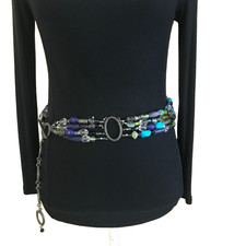 Women's Chain Belt XS-S Silver VTG Blue Green Beads Boho Wide Casual Dress