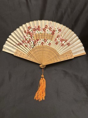 Vintage Hand Painted Folding Fan Bamboo Wood Cherry Blossom Floral w/ Tassel
