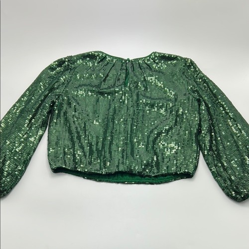 Alice + Olivia Avila Sequin Blouse Small Forest Green Puffy Long Sleeve $375 - Picture 10 of 13