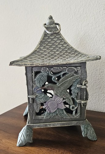VTG Japanese Hummingbird Pagoda Cast Iron Hanging Lantern Candle Holder Yard Art - Picture 15 of 24