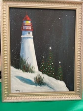 11 x 14 Framed Acrylic Painting on Canvas Board....."Christmas Lighthouse"