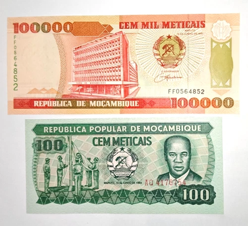 Banknotes Mocambique, 100 and 100,000 Meticais, 1983/1993, UNC.