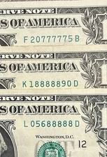 (3) Fancy Serial Number $1 Dollar Bills - 5 Five in a Row - Lucky 7s & 8s !
