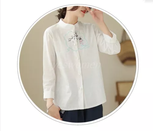 Women Cotton Linen Retro Mandarin Collar Chinese Frog Shirts Button Tops Blouse - Picture 9 of 17