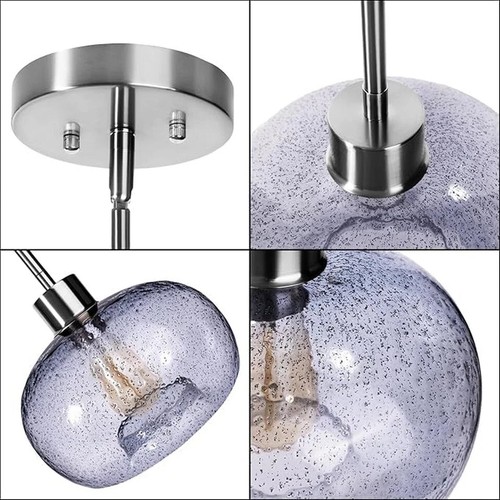 Hand Blown Glass Pendant Light Blue Marble Bubbles Silver Mount Adjustable - Picture 2 of 4
