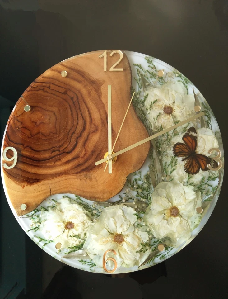 Wanduhr  35 cm Holz echte Blumen Epoxid Harz Uhr Wandkunst Handmade Uhr Geschenk - Bild 2 von 4