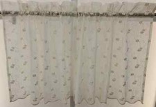 VINTAGE Daisy Embroidered Sheer Voile Scalloped 24" Tier Set Rod Pocket Champagn