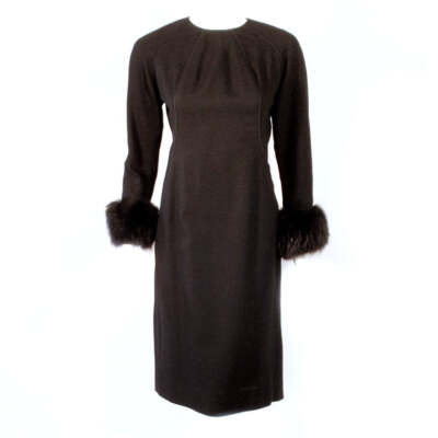 DON LOPER Black Long Sleeve Wool Dress w/ Fur Cuffs Size