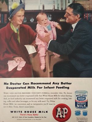 1948 A&P White House Evaporated Milk Woman Man and Baby Infant