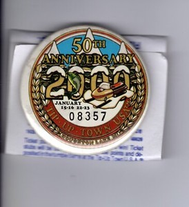 2000 TIP UP TOWN BADGE PIN PINBACK- MICHIGAN DNR DEER BEAR FISHING PATCH LICENSE