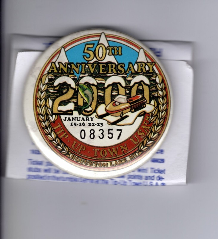 2000 TIP UP TOWN BADGE PIN PINBACK- MICHIGAN DNR DEER BEAR FISHING PATCH LICENSE