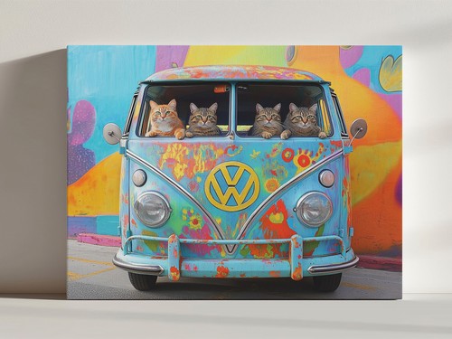 Impresión en lienzo retro colorida de gatos en furgoneta hippie, lindo arte caprichoso peculiar - Imagen 1 de 7