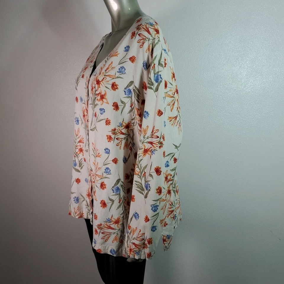 切诺基上衣大码 24 亚麻绑带腰花卉长袖 V 领多色 — 第 3/4 张图片