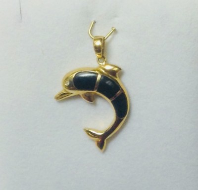Toller massiver 14K Gelbgold Delfin Sea Life natürlicher schwarzer Onyx Anhänger NEU