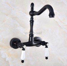 Oil Rubbed Bronze Bathroom Basin Sink Faucet Dual Handles Mixer Tap Wall Mount