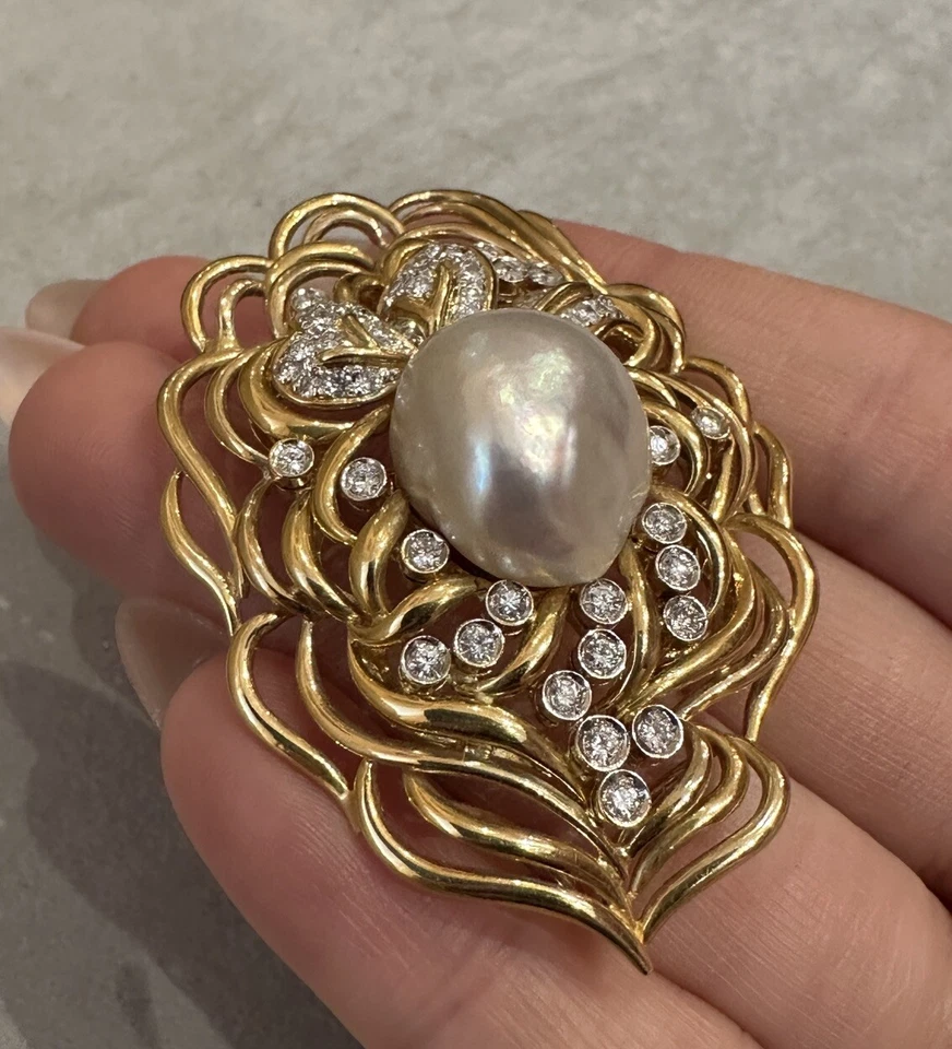 Colgante/broche grande de perlas y diamantes en oro amarillo de 18 k - HM2206SI