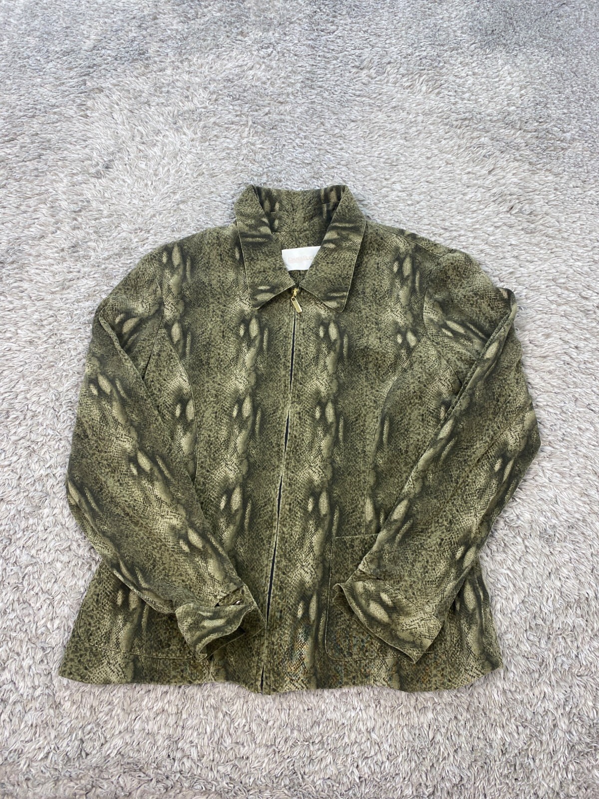 Dana Buchman Jacket Womens 10 Green Silk Snakeskin Print Full Zip Boho Bomber