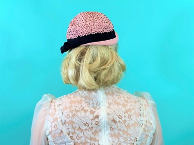 Vintage 1950s Pink Hat Floral Rhinestone Mohlfelder display picture 2