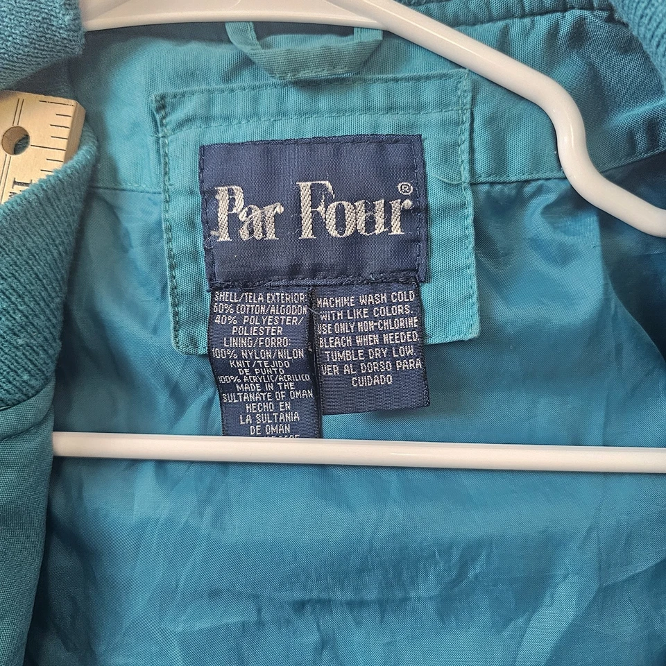 Chaqueta de bombardero vintage PAR Four verde azulado con cierre de botón/cremallera a presión Foto 3 de 4