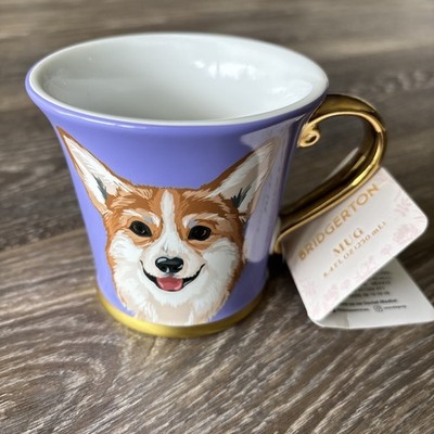 NWT Bridgerton Purple Painted Corgi Mug Tea Cup Gold Handle