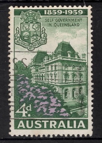 AUST. 1959  4d LILAC-GREEN "CENTENARY OF SELF GOVERNMENT IN  QLD  STAMP VFU