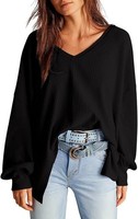 Damen Waffelstrick Tunika Oversize V-Ausschnitt Weicher Strick Schwarz S