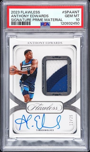 ANTHONY EDWARDS Autographed Signed 11.23.25 2023 FLAWLESS GAME USED PATCH AUTO /25 3 COLOR PSA 10 