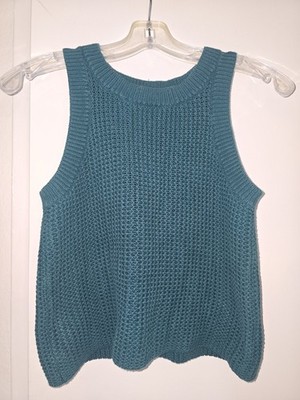 525 America Teal Open Knit Sweater Tank Top, Women's Small, 100% Cotton