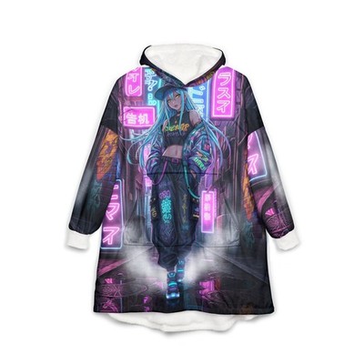 Hip Hop Lofi Anime Wifu Hooded Blanket - Neo Tokyo Vibes, Unisex Hoodie, Cozy