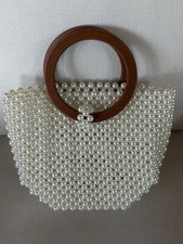 White Faux Pearl Beaded Small Top Handle Bag Brown Ring Handles. Hand made. New