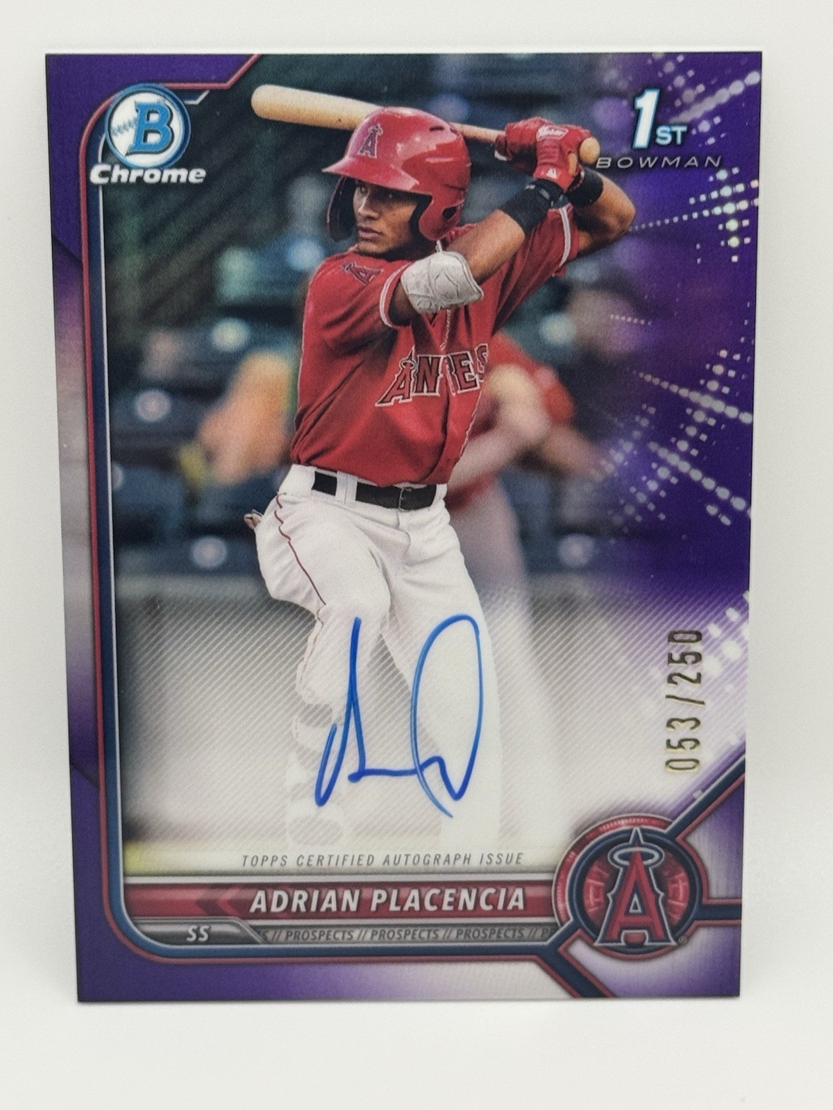 2022 Bowman Chrome 1st Prospect Purple Refractor /250 Adrian Placencia /250 Auto