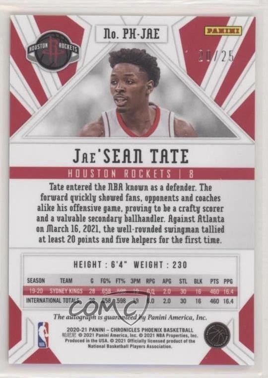 2020-21 Panini Chronicles Phoenix Rookie Blue /25 Jae'Sean Tate #PH-JAE Auto RC - Image 2 of 2