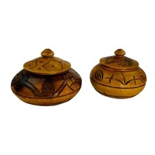 Lot 2 Vintage Carved Wooden Trinket Bowls Lids Hand Turned Arts Crafts u Primiti