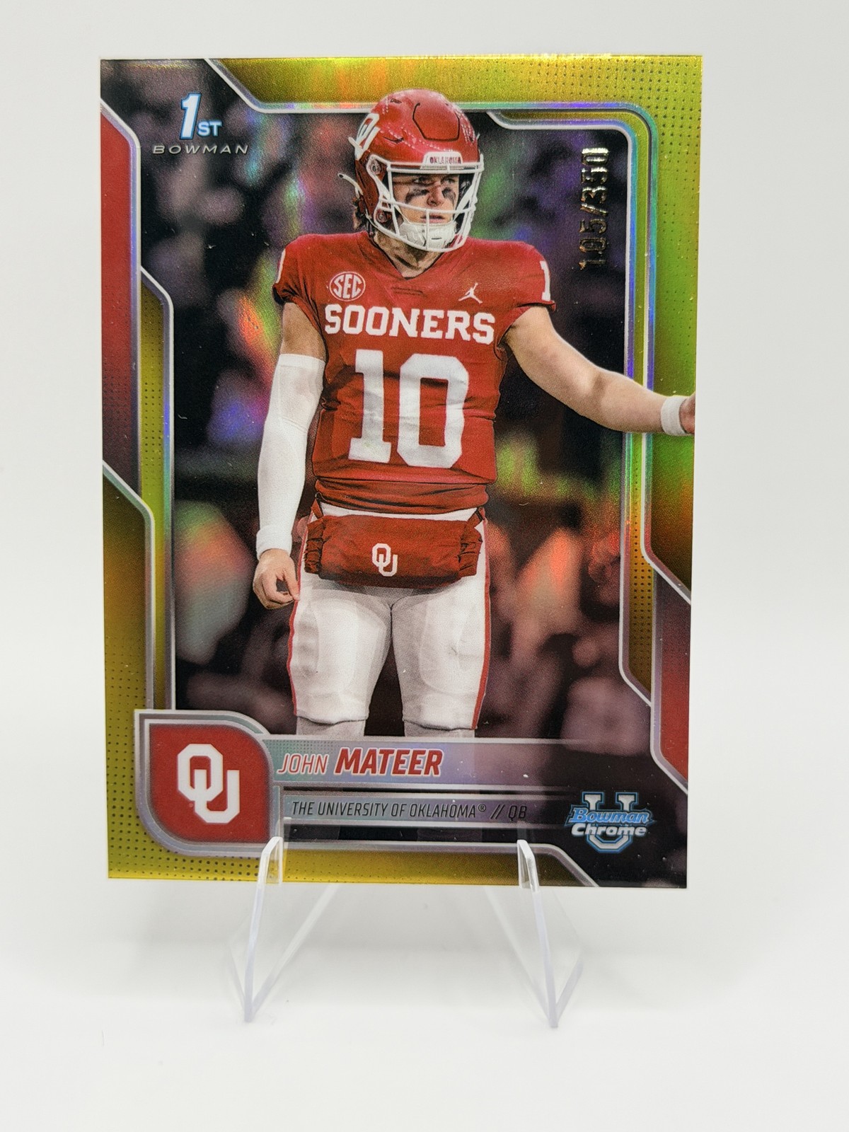 2025 Bowman U Chrome #1 John Mateer Yellow Refractor /350 1st Bowman OU Sooners