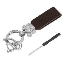 Car Key Chain Ring Clip 4.45" Leather Keychain with D Ring, Dark Brown Silver