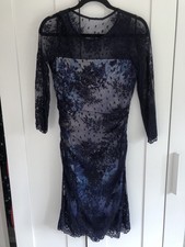 Phase Eight Lace navy blue floral Bodycon Stretch Lined Size 12 midi knee length