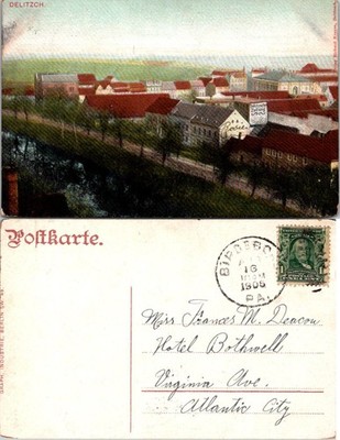 Delitzsch Germany Postcard 1906 Cityscape Postmarked Addressed to Atlantic City