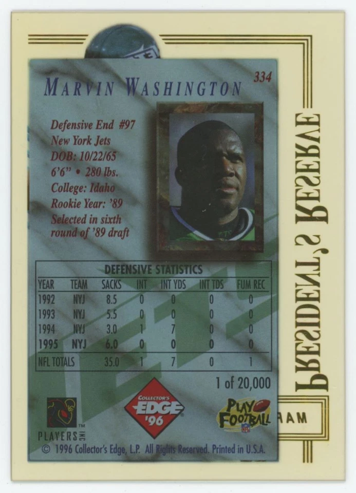 1996 Collector's Edge President's Reserve Marvin Washington New York Jets #334 - Image 2 of 2