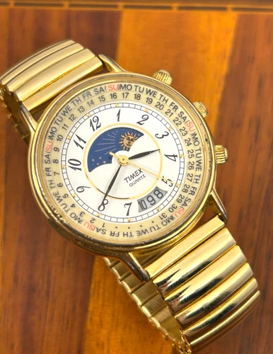 Vintage Timex Calendar Moon Phase Watch Men 1990 Gold Tone 37mm New Battery