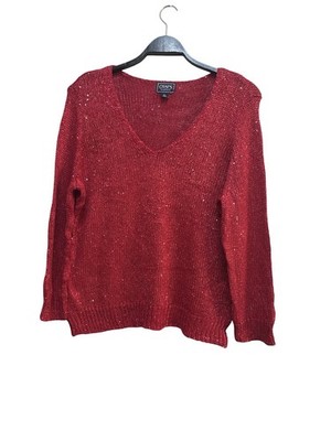 CHAPS Classics Damen Strickpullover Gr. XL Rot Glitzer V-Ausschnitt Leicht