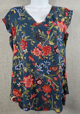 Ann Taylor LOFT Blouse Womens M Blue Floral Ruffle Flowy Cottagecore Fairy Boho