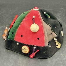 Vintage Handmade Suede Beanie Hat Folk Art Charms Cadillac Michigan