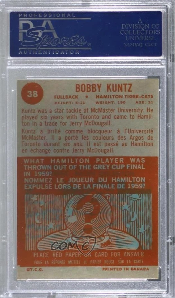 1963 Topps CFL Bobby Kuntz Bob Kuntz #38 PSA 8 - Image 2 of 2