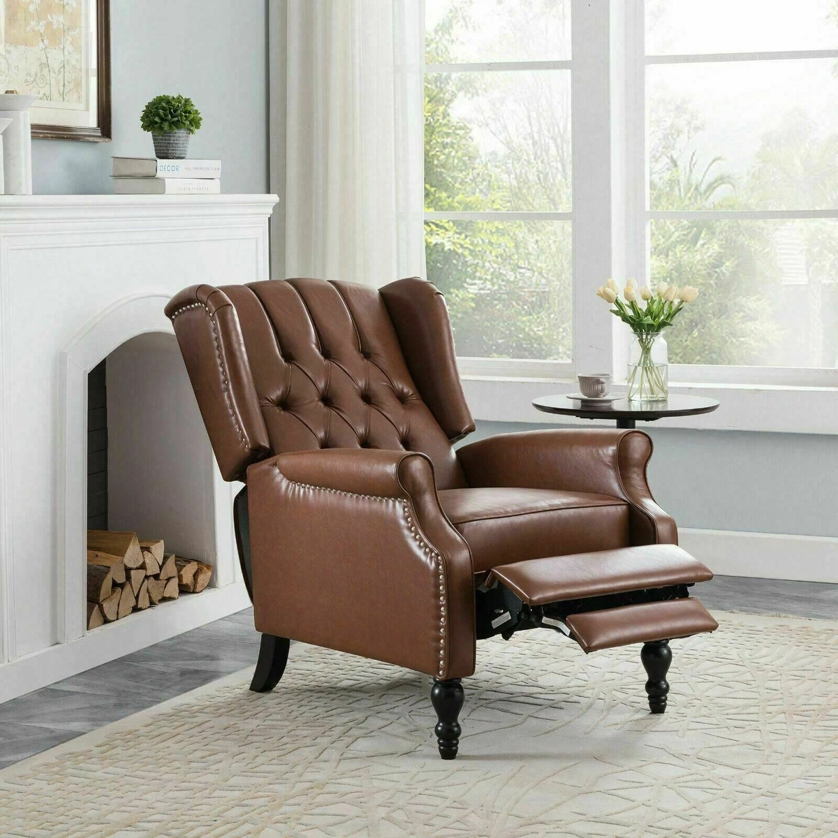 Contemporary Tufted Wingback Recliner Cognac Brown eBay