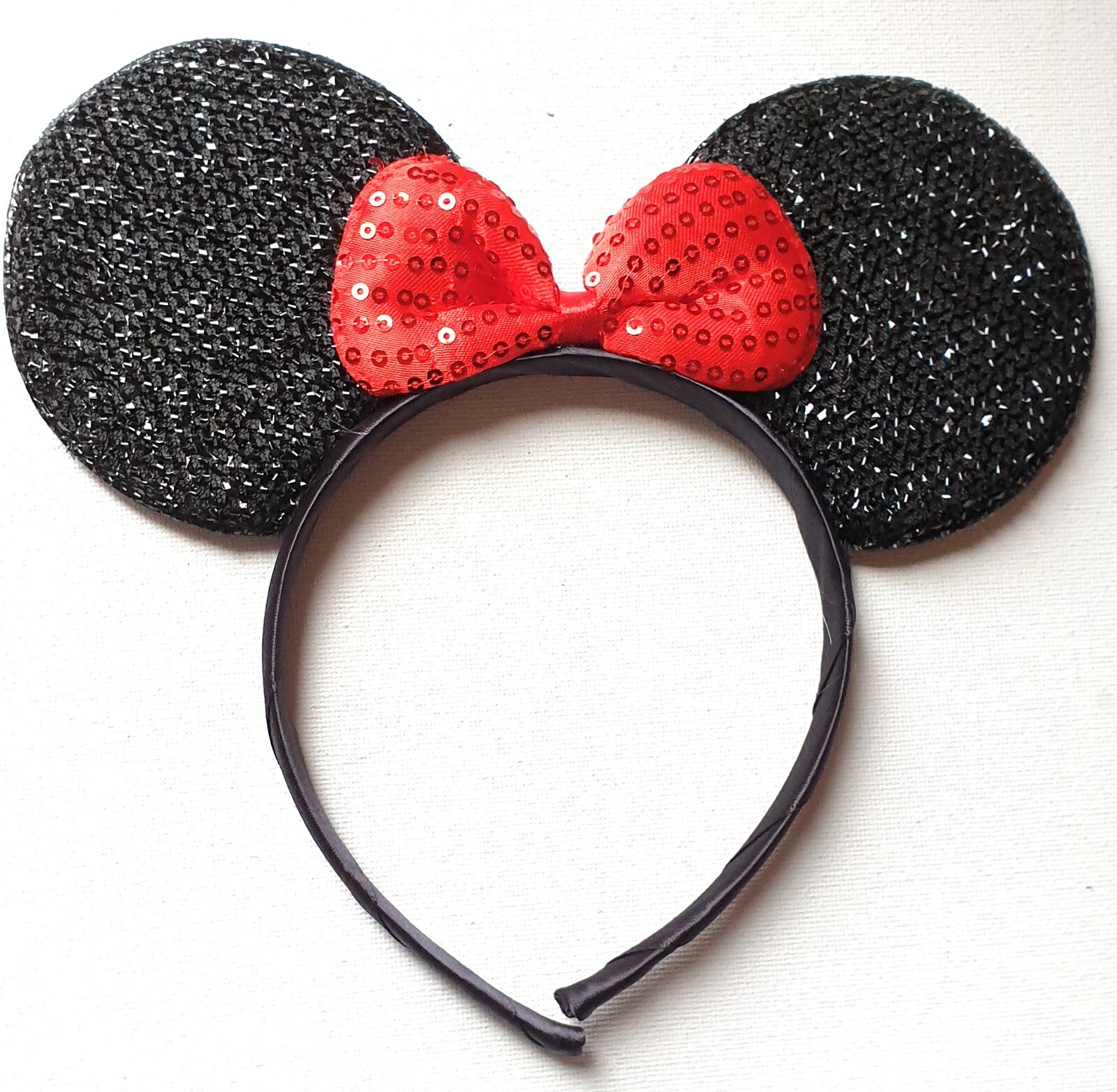 NEW Sparkly Black Mouse Ears Red Sequin Bow Headband Fancy Dress Child Adult UK