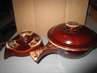 VINTAGE HULL BROWN DRIP GLAZE POTTERY HANDLED DISH/BOWL W/LID & WARMER-MARKED