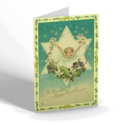 OSTERKARTE - Vintage Design - Engel im Stern sieht richtig aus, violett & rosen