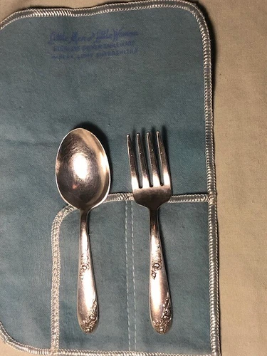 Lunt Sweetheart Rose Sterling Silver Two Piece Baby Set with Cloth Bag