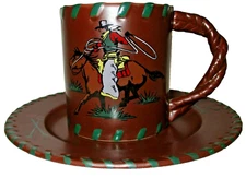 Vandor American Frontier 1992 Ceramic Mug and Saucer HC Rope Cowboy Ranch Set