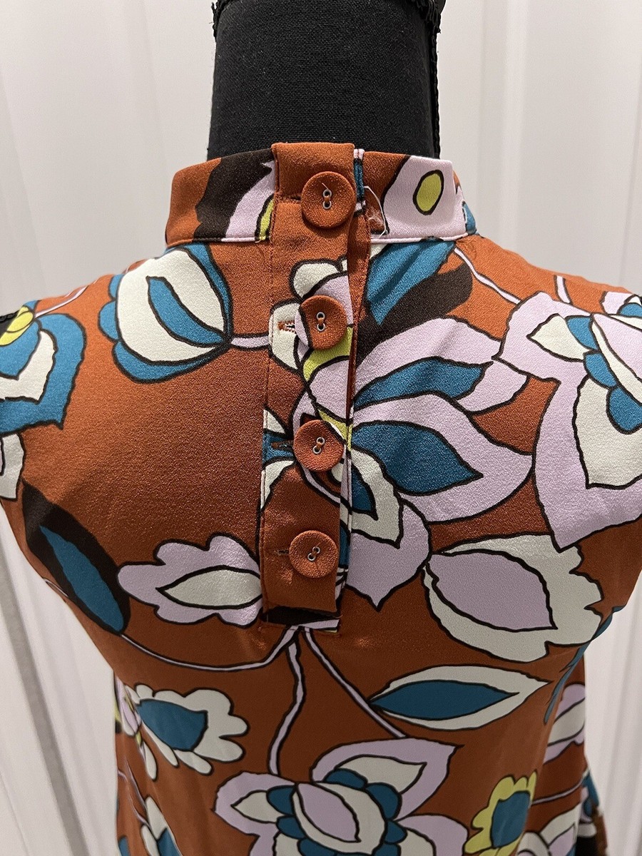 ModCloth XS Brown Floral Mock Neck Dress Retro 70s Sleeveless Beach Cruise  | eBay